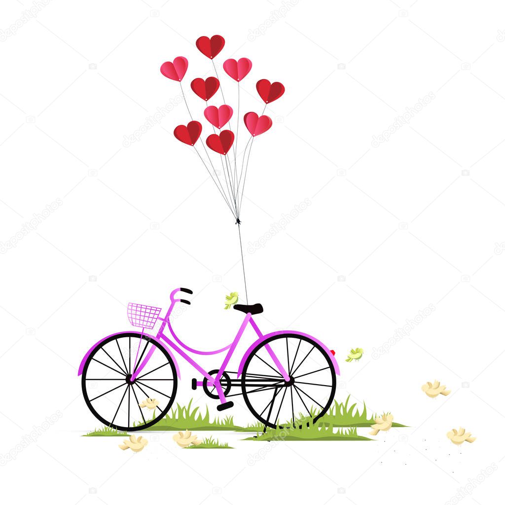 Illustration of happy lovers day or valentine day, balloon heart shape hang the pink bicycle. paper art and digital craft style.