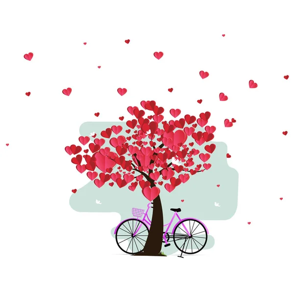 Ilustración Amor Día San Valentín Bicicleta Árbol Hecho Corazones Arte — Vector de stock