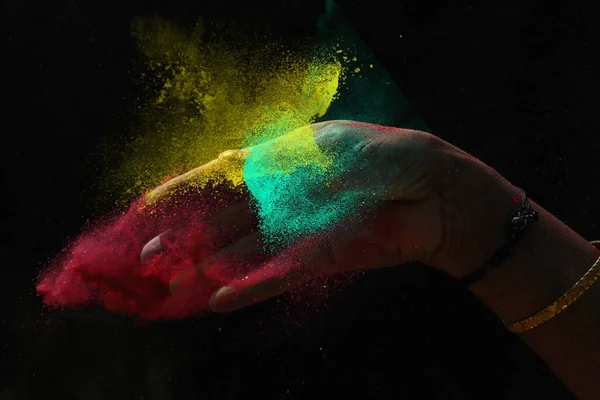 Indian Woman Hand Colourful Holi Powder Splash Black Background — Stock Photo, Image
