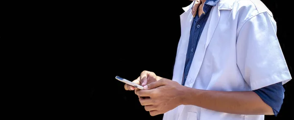 Cropped Shot Doctor Using Mobile Smart Phone Black Backgrounds — Stock Photo, Image