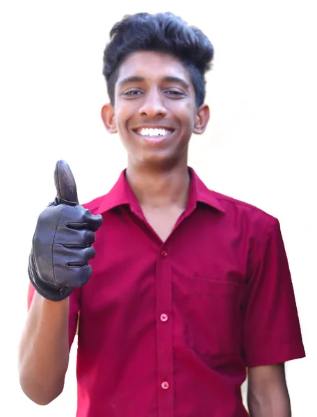 Sonriente Joven Mecánico Uniforme Con Los Pulgares Hacia Arriba Fondos —  Fotos de Stock