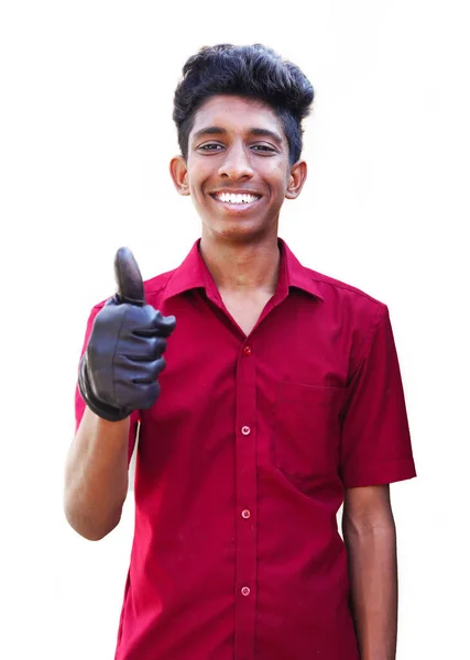 Χαμογελώντας Νεαρός Μηχανικός Στολή Τους Αντίχειρες Επάνω Λευκό Φόντο — Φωτογραφία Αρχείου