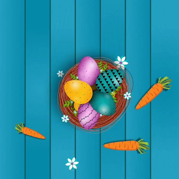 Easter Poster Banner Template Fowler Carrots Easter Eggs Nest Table — Stock Vector
