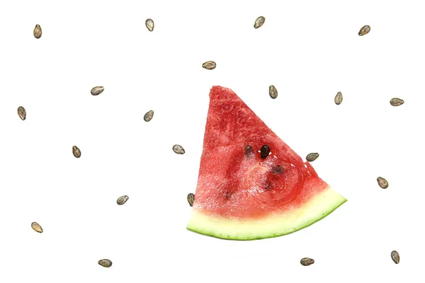Fruta Verão Fatias Melancia Com Sementes Fundo Branco — Fotografia de Stock