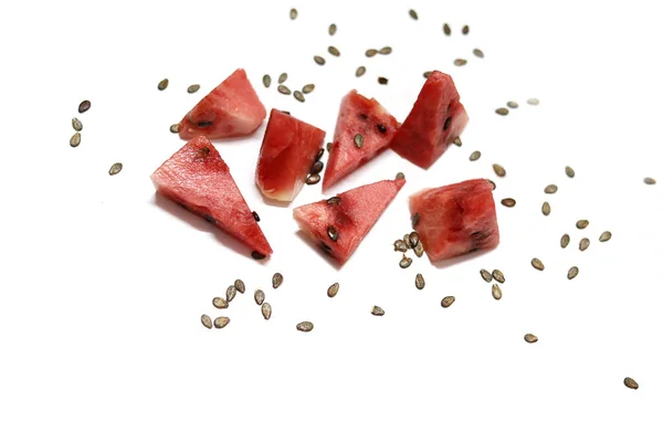 Wassermelonenscheibe Mit Samen Auf Weißem Hintergrund — Stockfoto