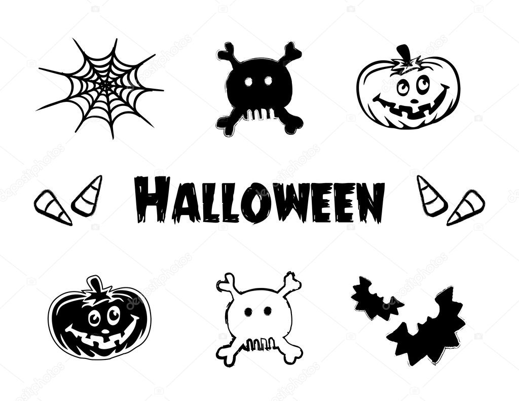 Halloween icons, graphics and design elements set. Vector spider web, holiday text, pumpkins bats and candy collection.