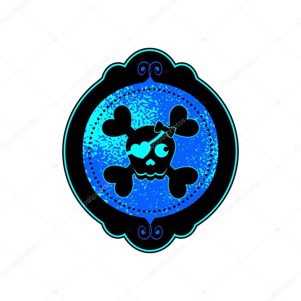 Blue Halloween skull cameo with a heart eye patch in neon colors. Vector art.