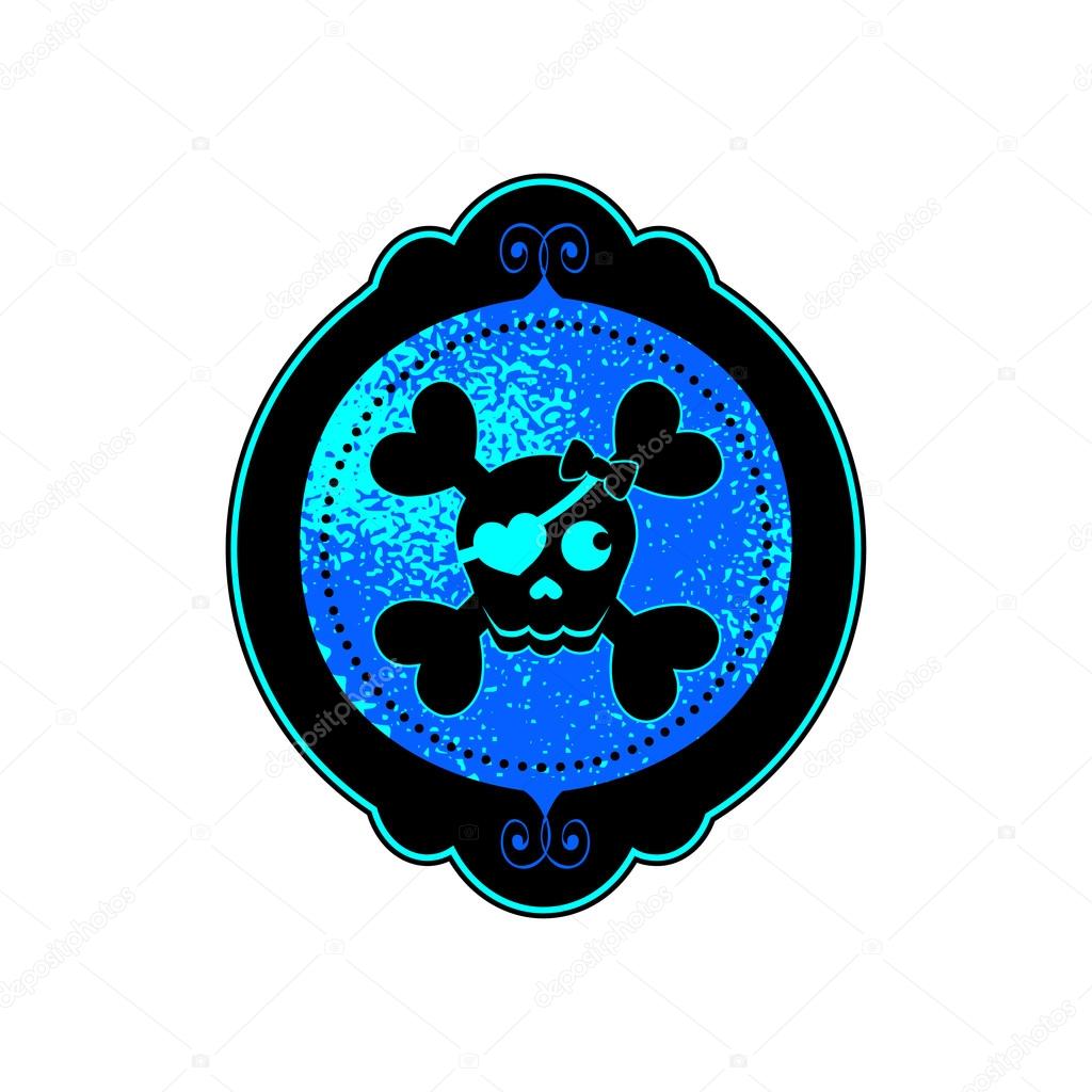 Neon blue Halloween skull cameo with a heart eye patch in a black ornate frame. Vector illustration of a skull and crossbones icon.