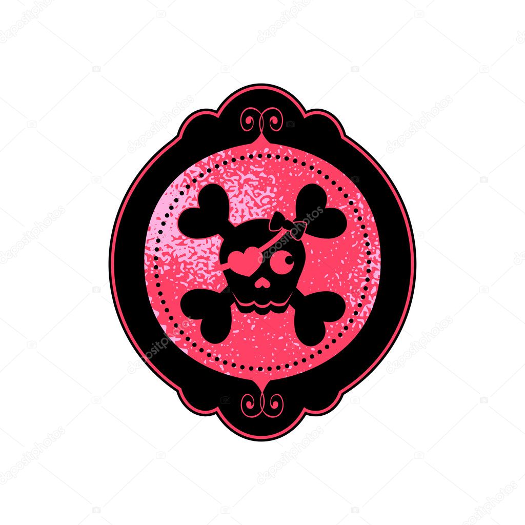 Neon pink and red Halloween skull cameo with a heart eye patch in a black ornate frame. Vector illustration of a skull and crossbones icon.