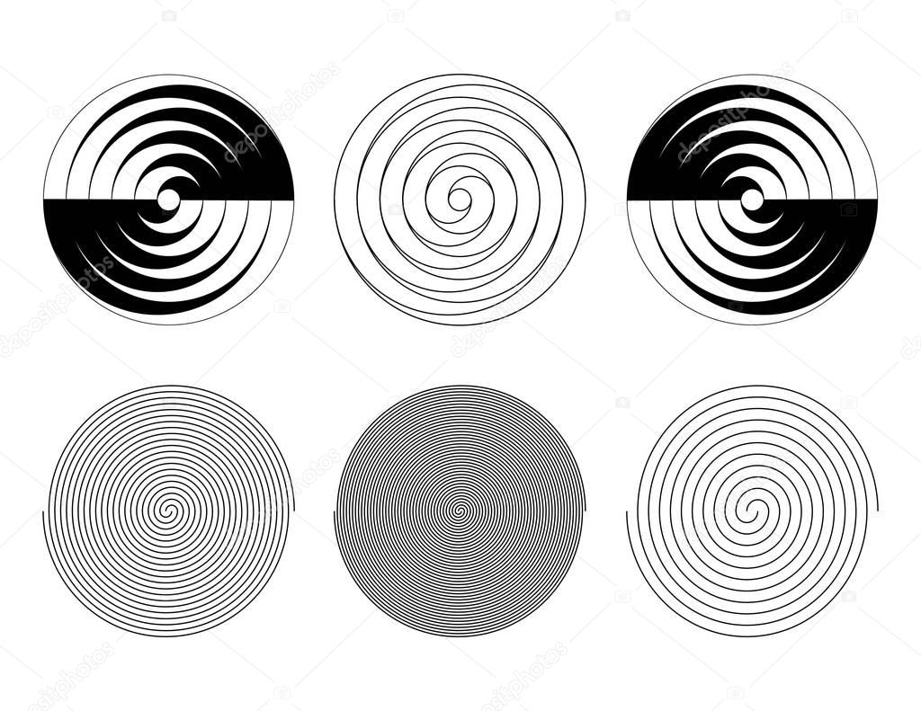 Set of circular spiral shapes, logos, design elements. Simple black and white vector graphics.