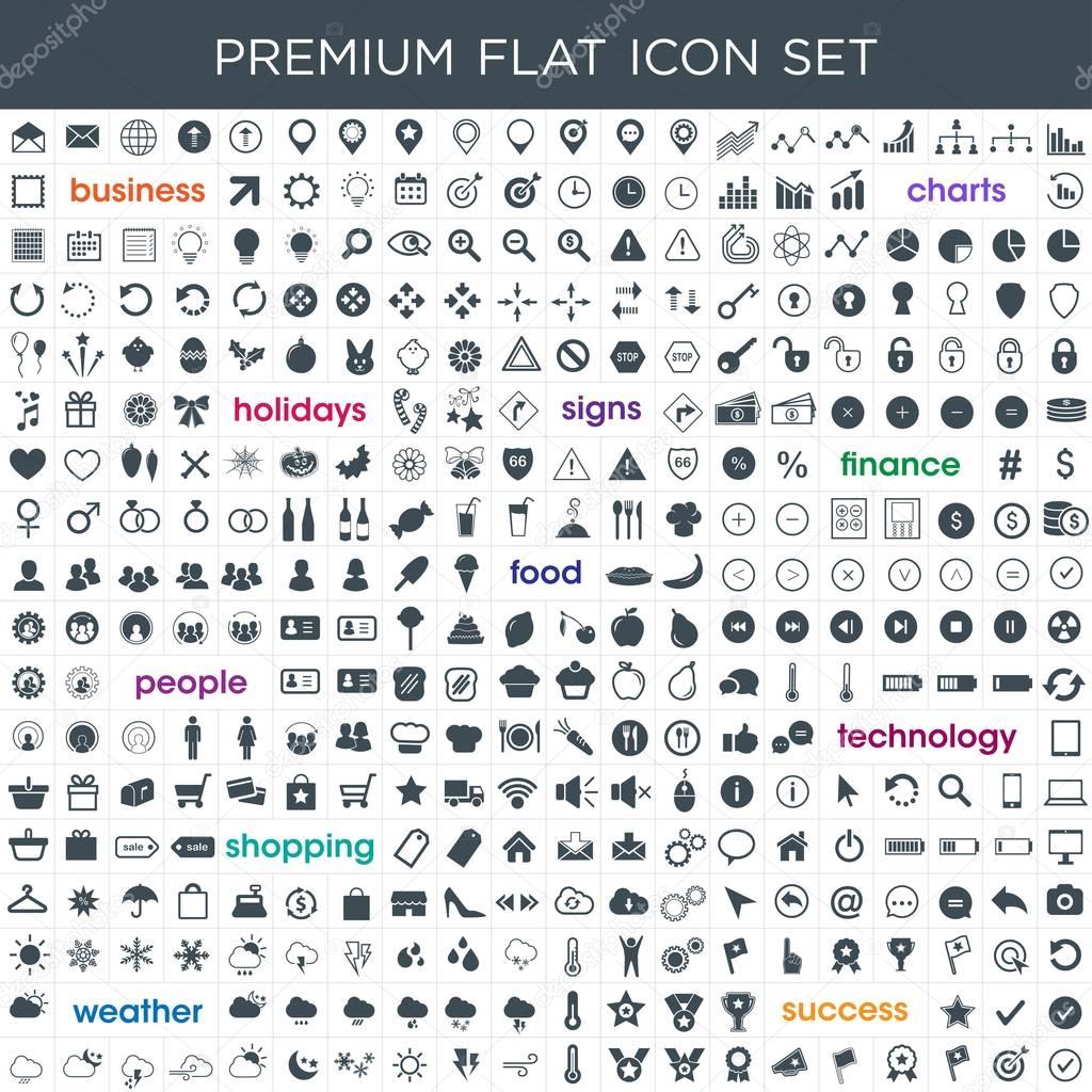 Premium flat icon set in vector format for business, finance and banking, shopping, food, technology, seasons and weather.