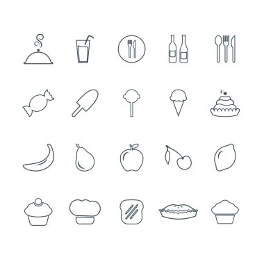 Gıda Icons set anahat. Vektör meyve, şeker, tatlılar, mutfak eşyaları grafiksel tasarım elemanları.