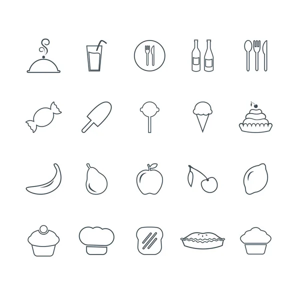 Нарисуйте иконки еды. Векторные фрукты, конфеты, сладости, посуда графические элементы дизайна . — стоковый вектор