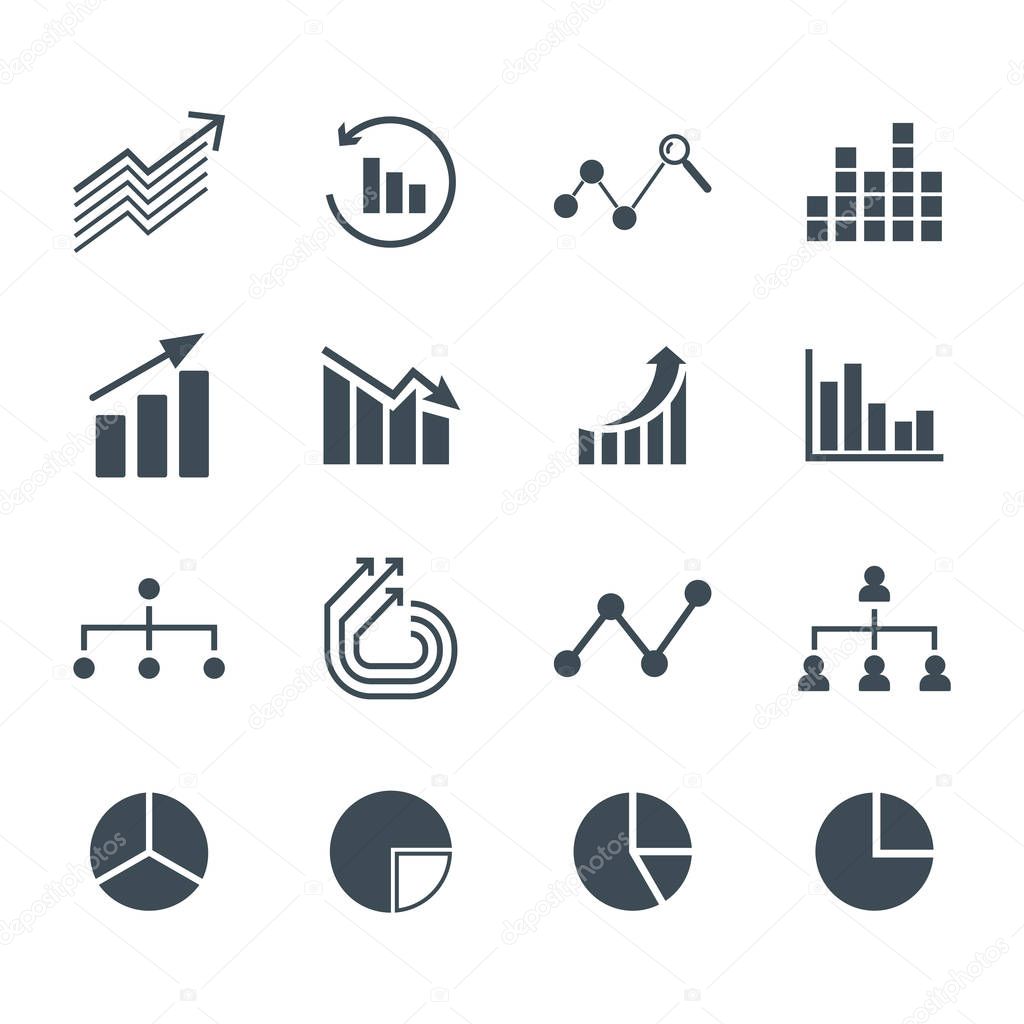Charts and graphs signs and symbols. Flat and line icons set in vector format.