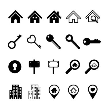 Düz Emlak Icons Set. İşaretler, semboller ve tasarım öğeleri Vektör formatında.