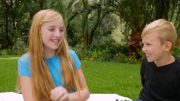 Blond boy and girl tickle each other and smile at the camera - slowmo — Stock video