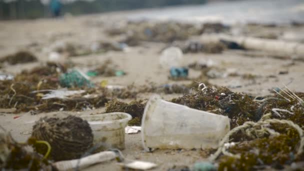 Plastové koše a odpadní podestýlku na prázdné pláži - kapesní — Stock video