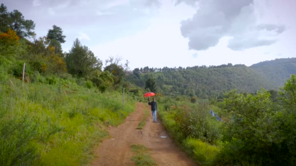 Un hombre con barba y un paraguas rojo caminando por el camino de tierra — Vídeo de stock