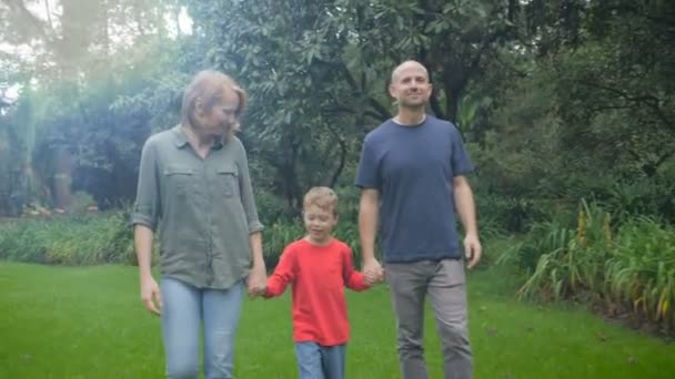 I genitori capovolgono il loro giovane figlio tenendogli per mano - steadicam — Video Stock