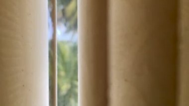 Dikey perde veya güneşlikler okyanus, pencereden dışarı bakarak Dolly vurdu