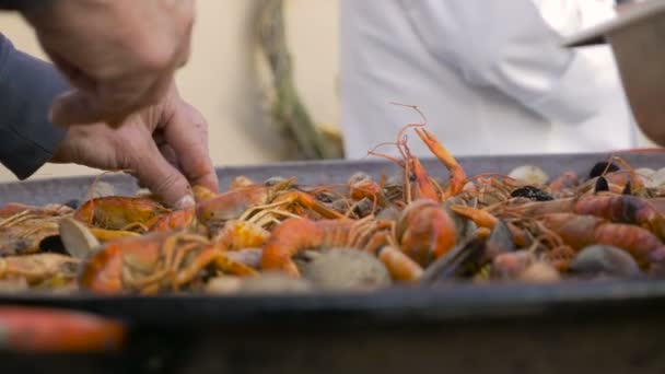 Close up van handen regelen van garnalen in een paella-pan — Stockvideo