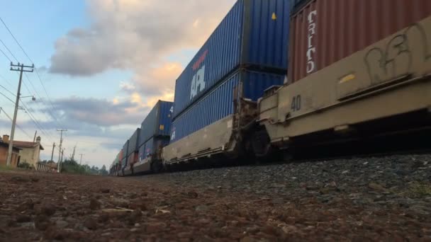 A freight train carrying shipping containers moving along railroad tracks — Stock Video