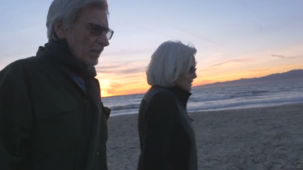 Attraktiva glada leende mogen 60s par promenader på stranden vid solnedgången — Stockvideo
