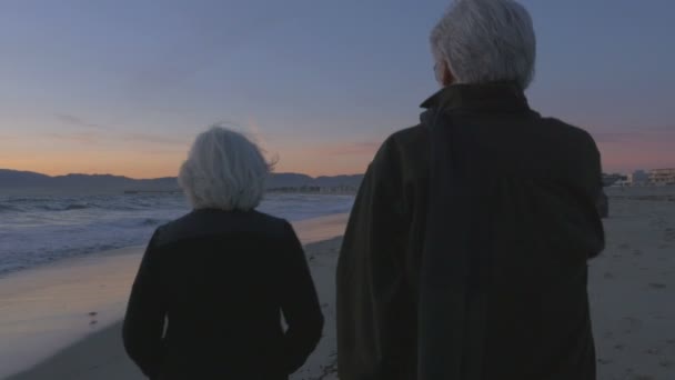 Feliz pareja de ancianos de 60 años caminando y señalando a lo largo de la playa de lujo al atardecer — Vídeo de stock