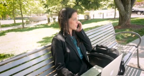 Бизнесмен, работающая над ноутбуком и разговаривающая на мобильном телефоне — стоковое видео