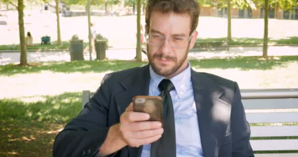 Portrait of successful businessman texting and reading mobile phone — Stock Video