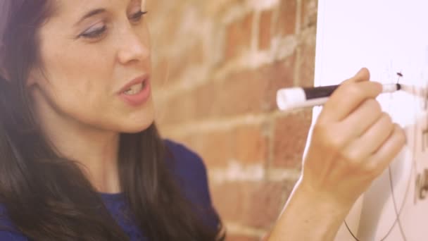 Selbstbewusste hübsche Geschäftsfrau oder Lehrerin bei einer Präsentation auf Whiteboard — Stockvideo