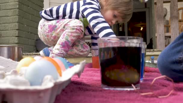 Angle bas de deux enfants mignons teignant des oeufs de Pâques ensemble dans un colorant coloré — Video