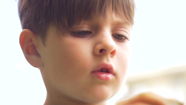 Close-up de um menino pré-escolar pensando e se concentrando enquanto aprende — Vídeo de Stock