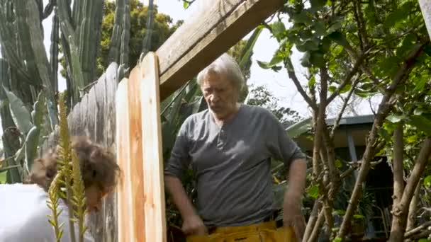 İki erkek birlikte bir mezura ile ölçme bir kırık çit onarmak çalışma — Stok video