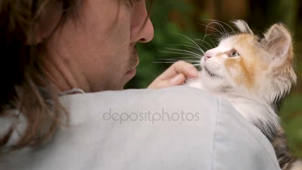 Un dueño sosteniendo y hablando con su curioso gatito juguetón inquisitivo — Vídeos de Stock