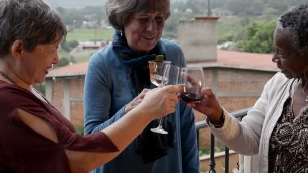 Tres hermosas mujeres mayores vibrantes animando con copas de vino — Vídeo de stock