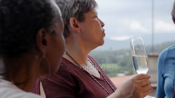 Drie gelukkige multi raciale senior vrouwen vrienden juichende en roddelen — Stockvideo