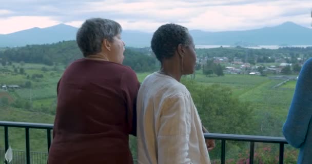 Empuje en tiro estabilizado de tres turistas femeninos mayores de 60 años hablando en un mirador — Vídeo de stock