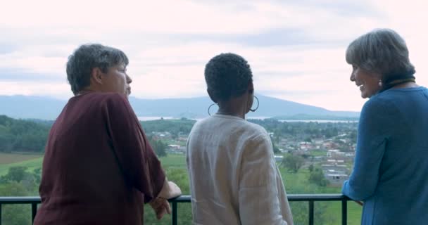Три путешествующие женщины в возрасте 60 лет разговаривают в туристической живописной точке зрения — стоковое видео