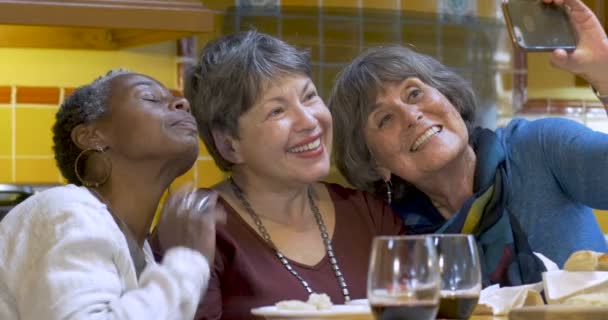 Idősebb nők több mint 60 vesz egy selfie-val szúró telefon együtt boldog csoportja — Stock videók