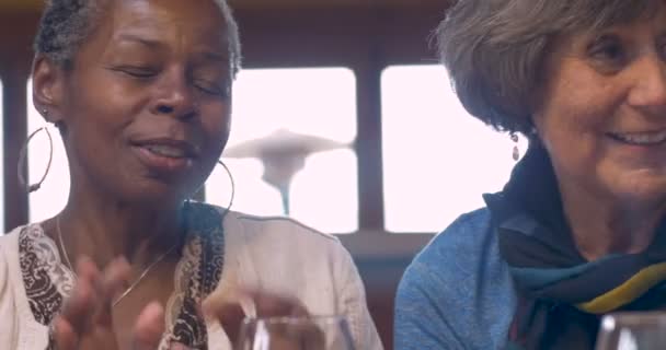 Konuşmak ve içecekler ile gülümseyen yaşlı kadın karışık ırk grup — Stok video