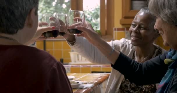 Drie vriendinnen vieren samen met een fles wijn en snacks — Stockvideo