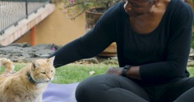 Çekici kadın okşayarak ve turuncu evde beslenen hayvan kedi sevişme