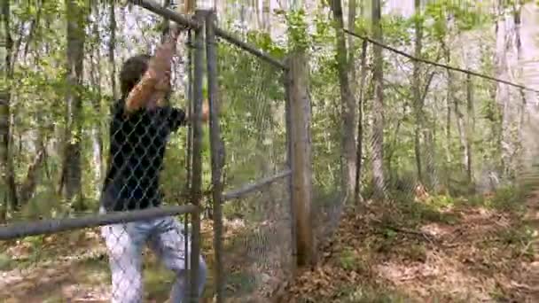 Чоловік, якого переслідують, швидко піднімається через паркан ланцюга, намагаючись втекти — стокове відео