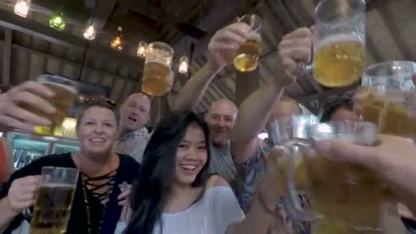 POV of a group of happy people cheering and toasting with glasses of beer