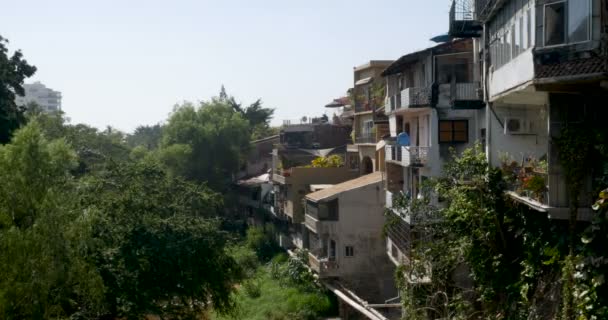 Casas construidas en una ladera con vistas a exuberantes árboles y un río — Vídeo de stock