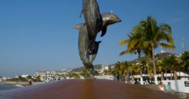 Bir yunus çeşme heykel ve Puerto Vallarta, Meksika için turistler kadar vinç