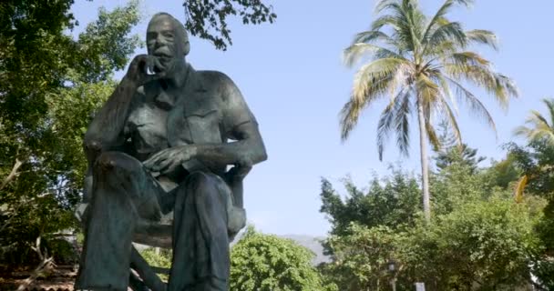 Dolly shot of John Huston statue in Isla Cuale park Puerto Vallarta, Mexico — Stock Video