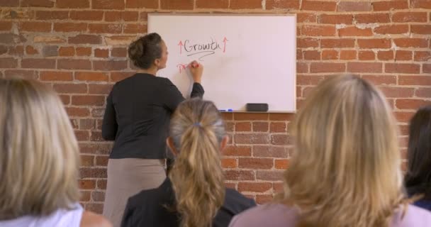 Femme d'affaires donnant une productivité d'écriture de présentation sur un tableau blanc 