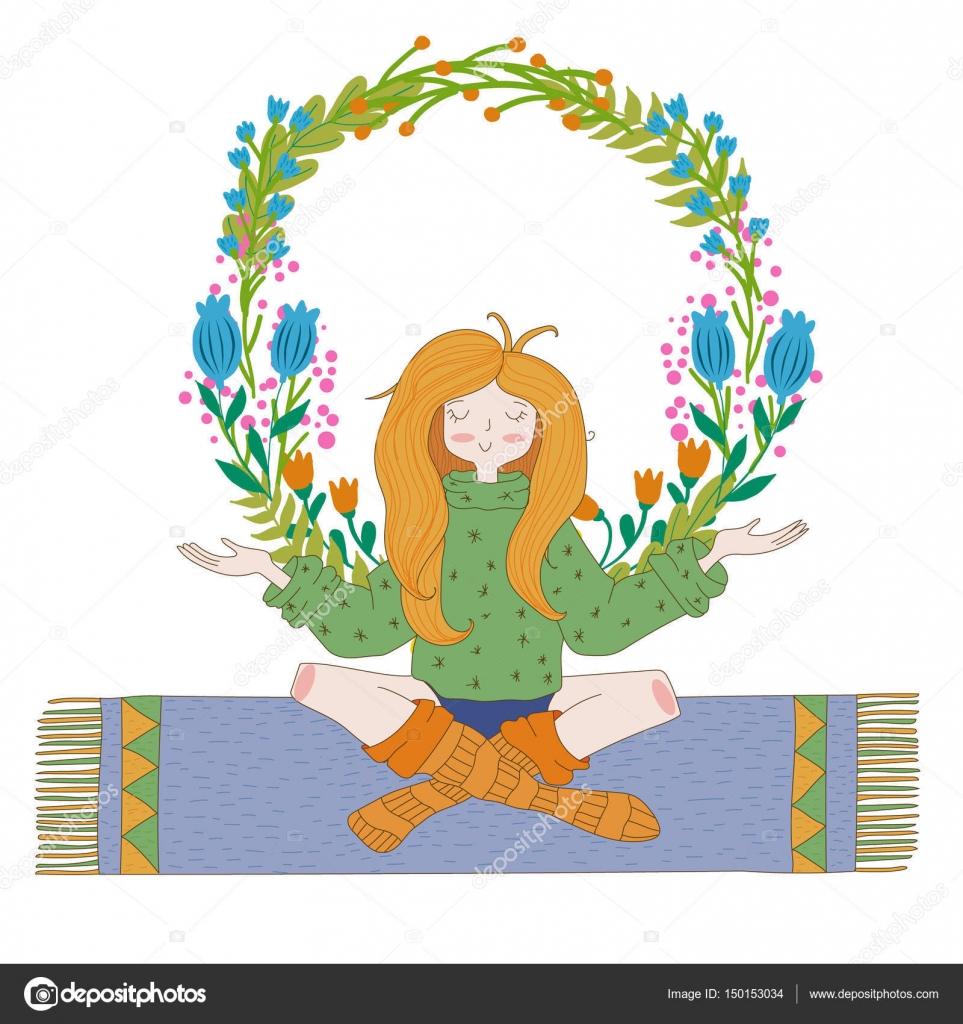 Ragazza hippie felice con i fiori vettore luminoso colorato disegnato a mano Illustrazione di amore e di pace Tema di meditazione — Vettoriali di